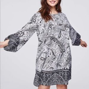 Loft Black & White Shadow Paisley Print Balloon Sleeve Dress Boho Slouchy XS